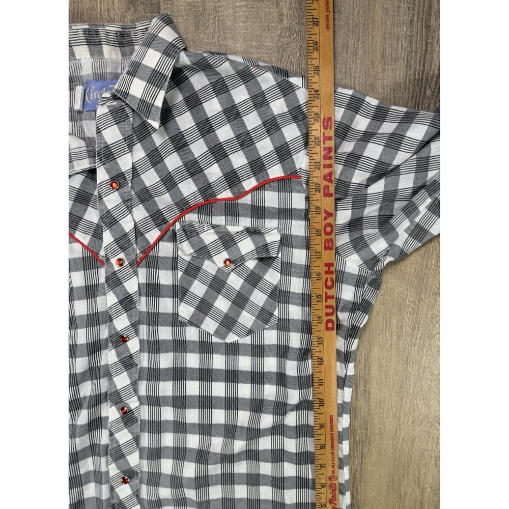 Vintage 1970s Circle T Red Piping Pearl Snap Plaid Western Shirt Mens L - Picture 11 of 12